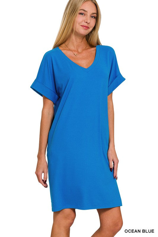 BRUSHED ROLLED SHORT SLEEVE V-NECK DRESS