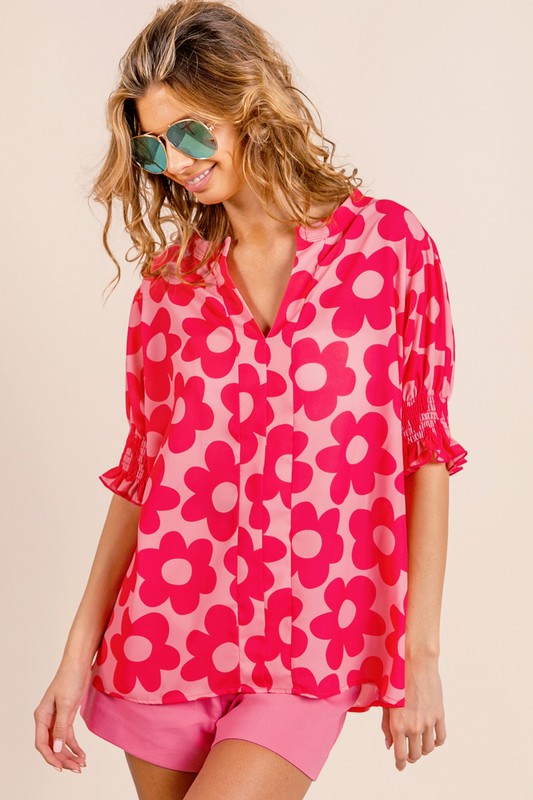FLOWER PRINTED WOVEN SMOCKING SLEEVES V NECK TOP