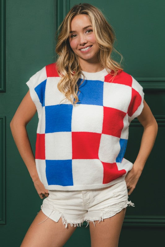 Fourth Of July Multi Colors Checker Sweater Vest