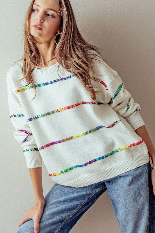 MULTI STRIPE STITCH RIB KNIT SWEATER