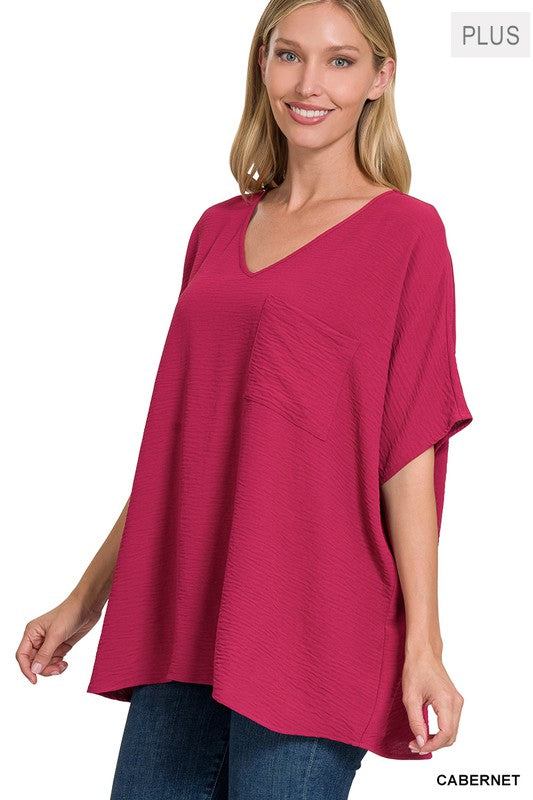 CURVY WOVEN AIRFLOW V-NECK DOLMAN SHORT SLEEVE TOP