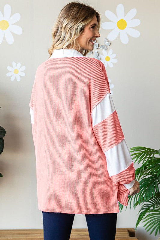 RIBBED COLLAR V NECK TOP