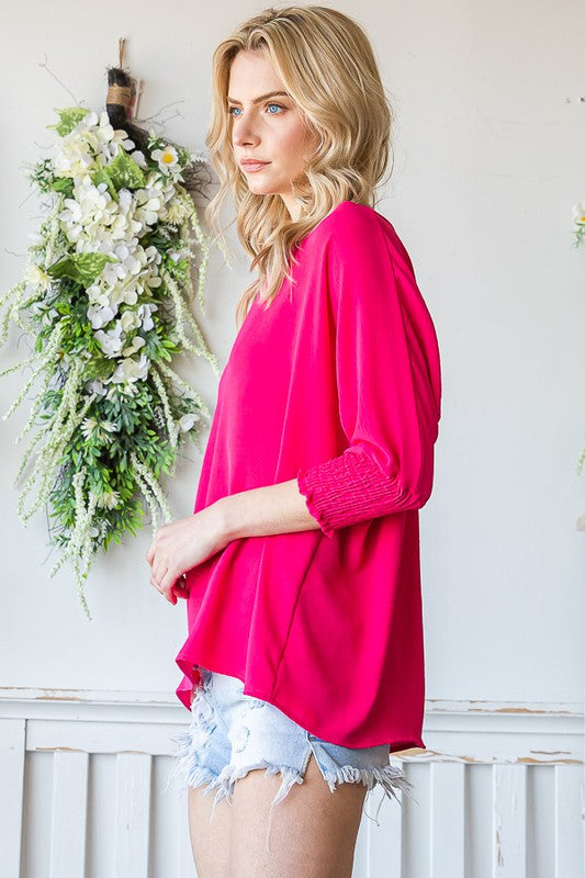 SMOCKED THREE QUARTER BAND TOP