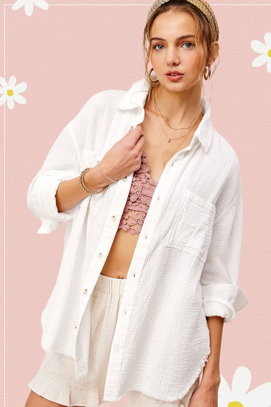 SOFT WASHED CRINKLED GAUZE BUTTON DOWN SHIRT