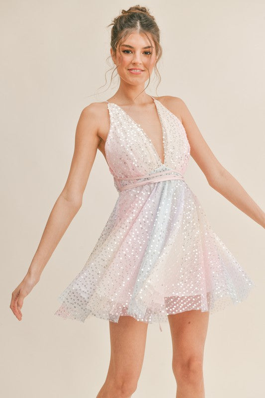STRAPPY RAINBOW SEQUIN HALTER WRAP DRESS