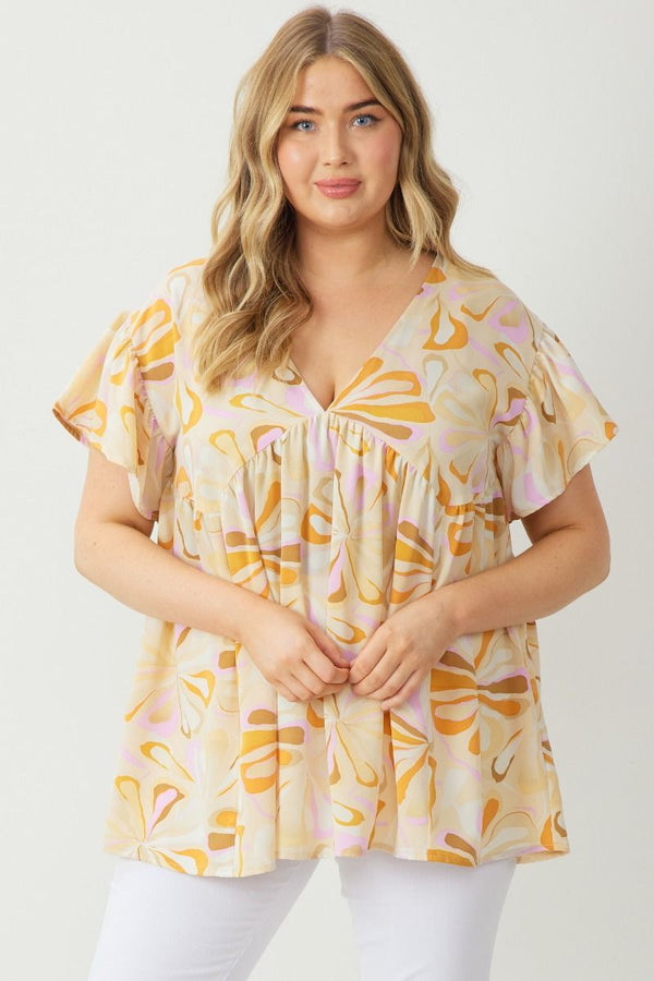 Curvy Sand Floral Print V-Neck Short Sleeve Top