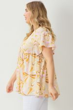 Curvy Sand Floral Print V-Neck Short Sleeve Top