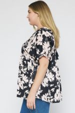 Curvy Black Satin Floral Print Top