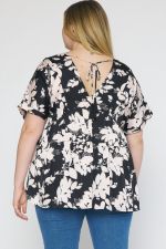 Curvy Black Satin Floral Print Top