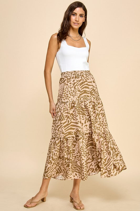 Taupe Three Layered Abstract Printed Skirt