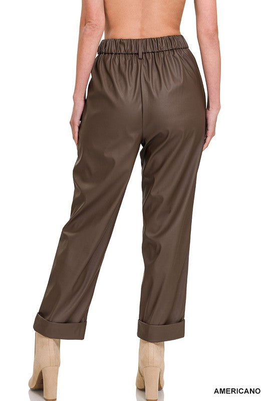VEGAN LEATHER PLEAT FRONT PANTS