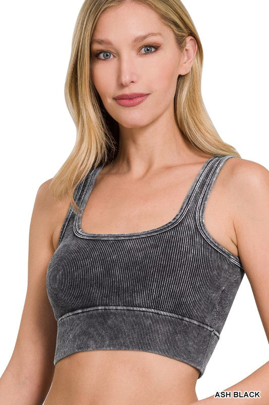 WASHED RIBBED SQUARE NECK TANK TOP WITH BRA PADS