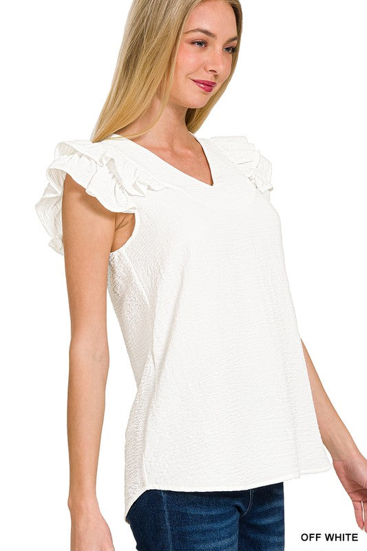 WOVEN AIRFLOW TIERED RUFFLE SLEEVE TOP
