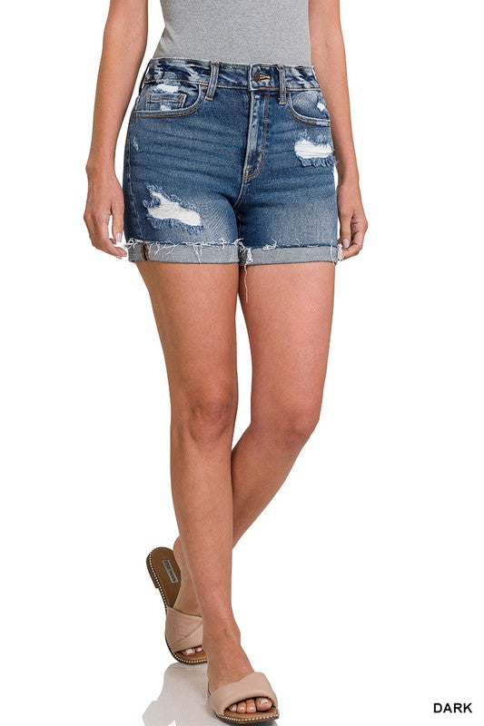DISTRESSED CUFFED RAW HEM DENIM SHORTS 4.5" Inseam