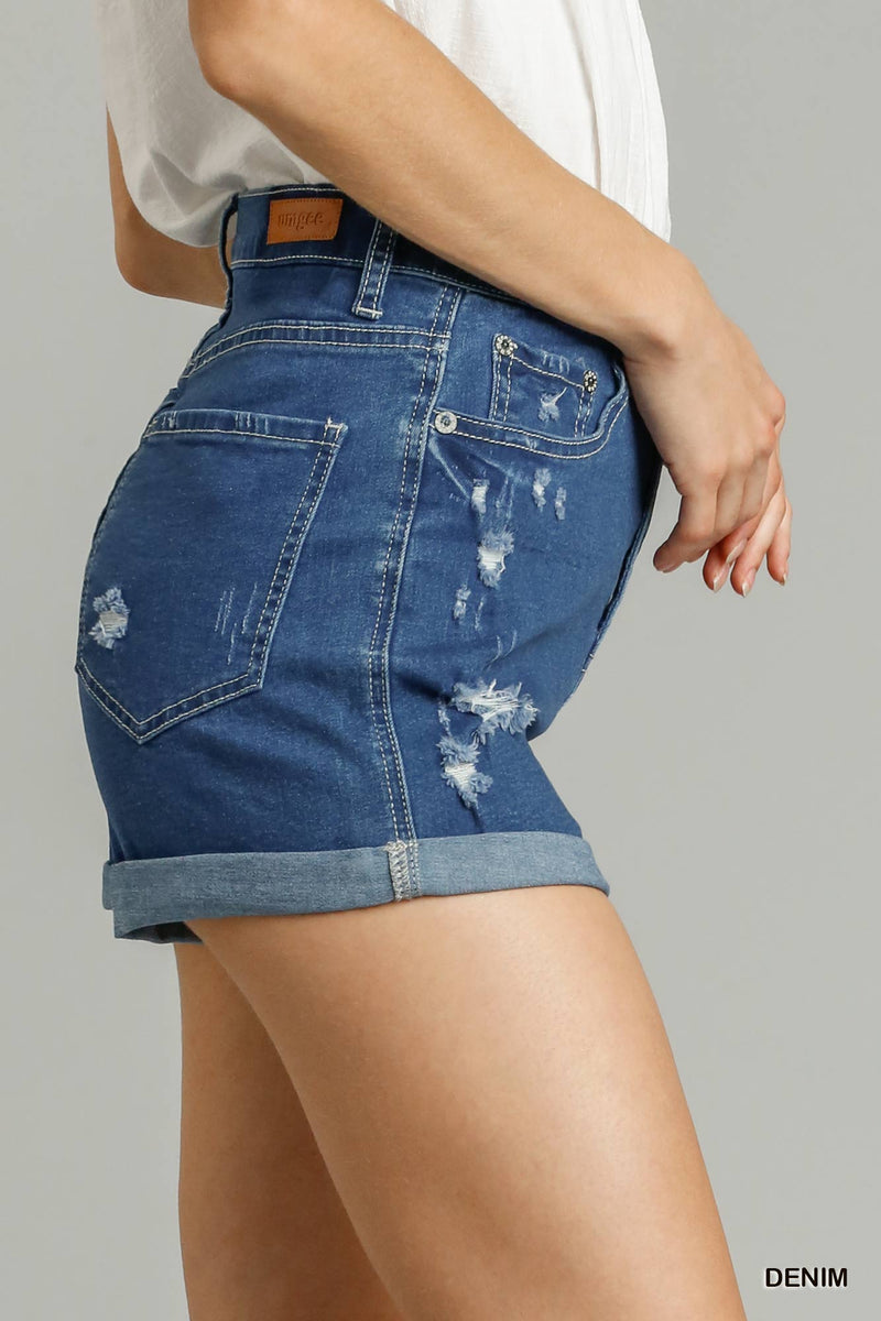 5 Pockets Distressed Detail Stretch Denim Shorts