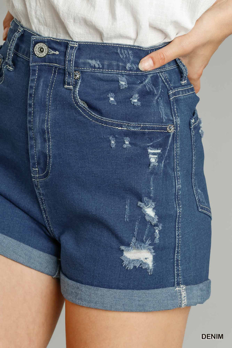 5 Pockets Distressed Detail Stretch Denim Shorts
