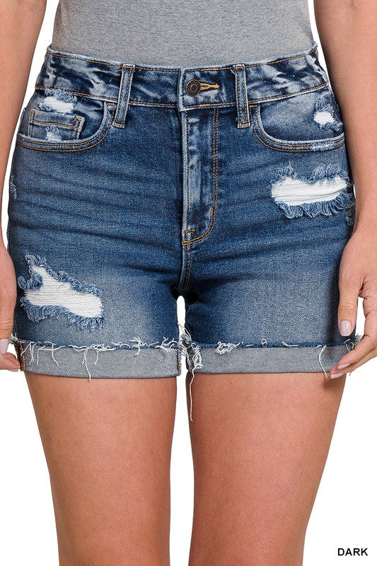 DISTRESSED CUFFED RAW HEM DENIM SHORTS 4.5" Inseam