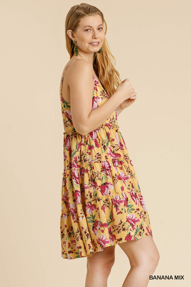 Floral Print Adjustable Spaghetti Strap Ruffle Tiered Dress