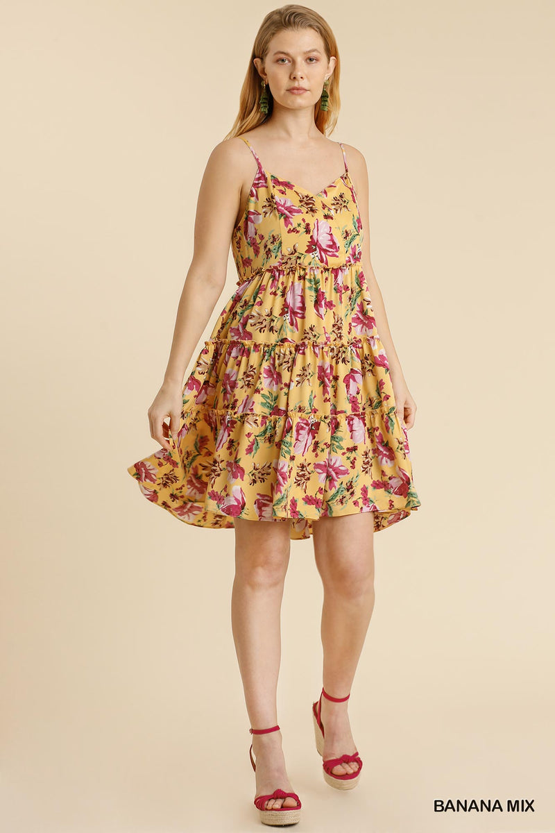 Floral Print Adjustable Spaghetti Strap Ruffle Tiered Dress