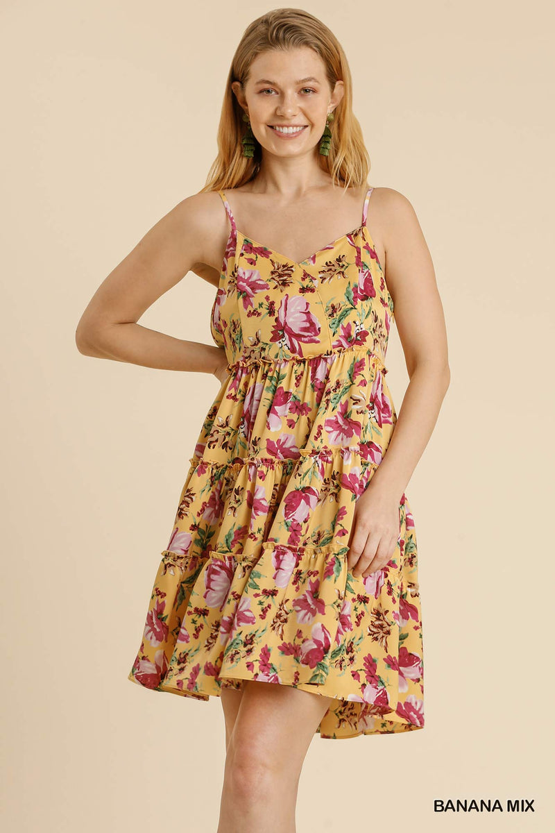 Floral Print Adjustable Spaghetti Strap Ruffle Tiered Dress