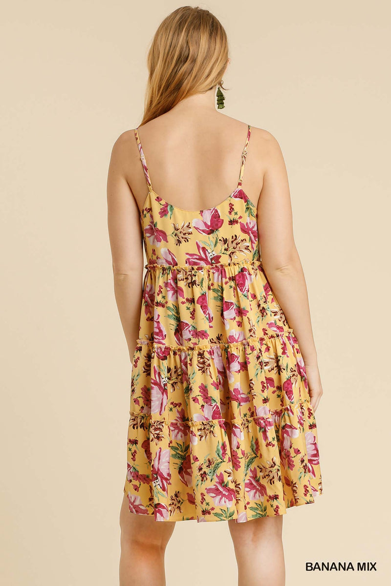 Floral Print Adjustable Spaghetti Strap Ruffle Tiered Dress
