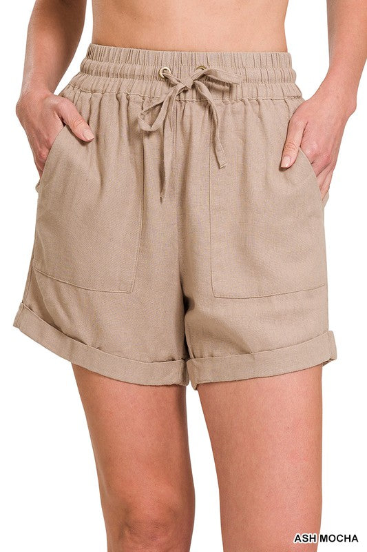 LINEN DRAWSTRING-WAIST SHORTS WITH POCKETS
