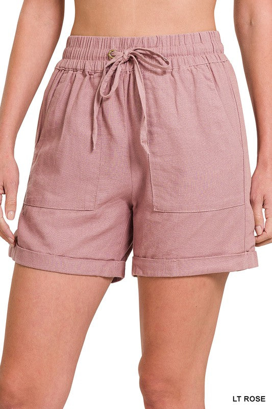 LINEN DRAWSTRING-WAIST SHORTS WITH POCKETS