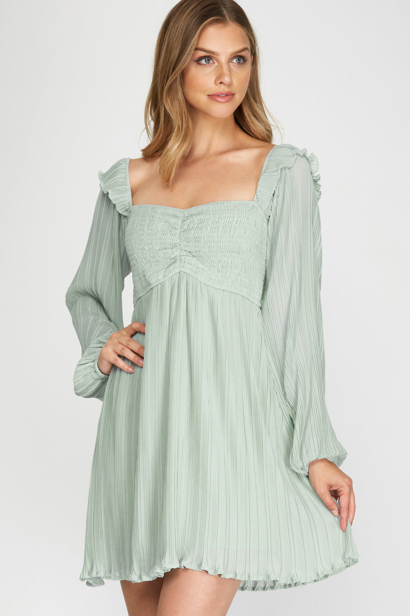 Long Sleeve Pleated Woven Dress