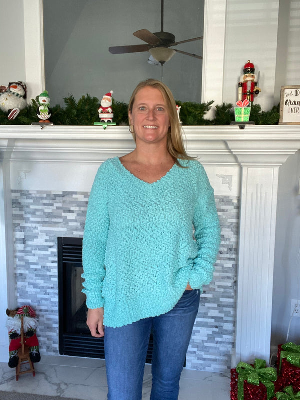 Long Sleeve Popcorn V-Neck Sweater - Blue Mint