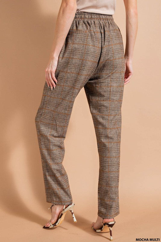 SOFT PLAID FABRIC ELASTIC WAIST SIDE POCKET