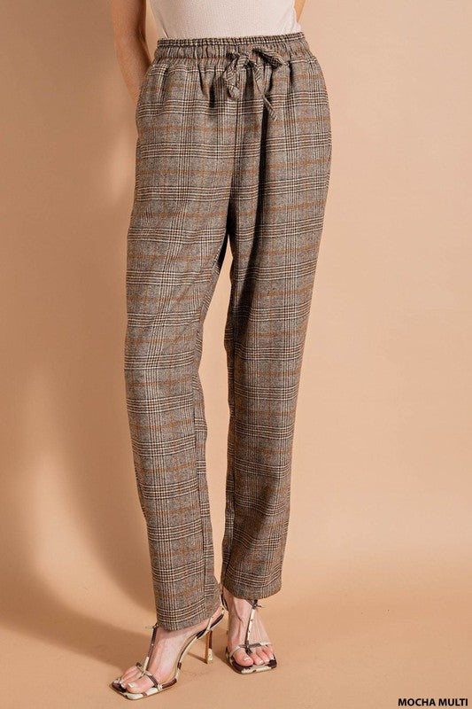 SOFT PLAID FABRIC ELASTIC WAIST SIDE POCKET