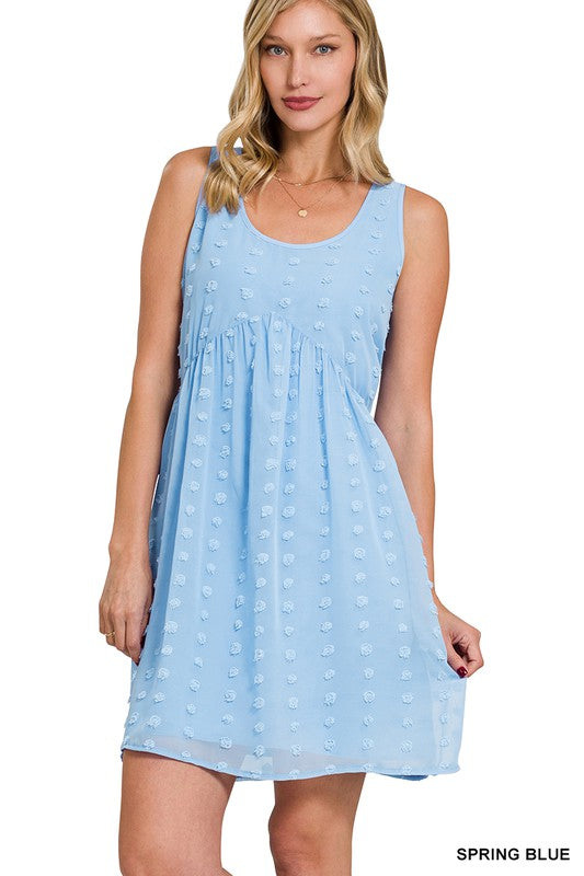 SWISS DOT BABYDOLL SCOOP NECK SLEEVELESS DRESS