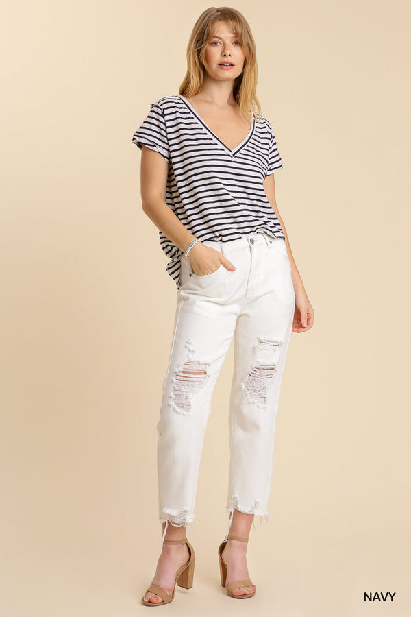 Striped V-Neck Short Sleeve Raw Edged Top