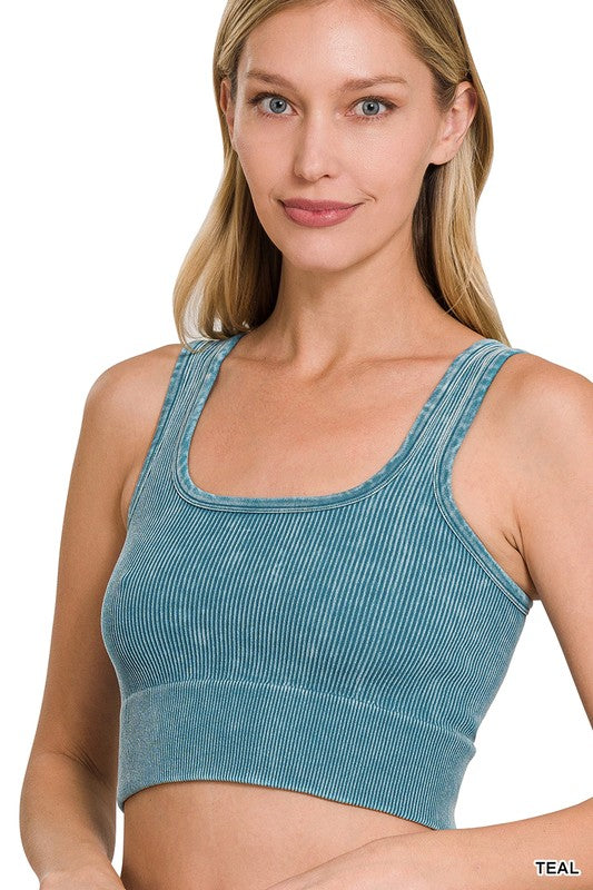 WASHED RIBBED SQUARE NECK CROPPED TANK TOP